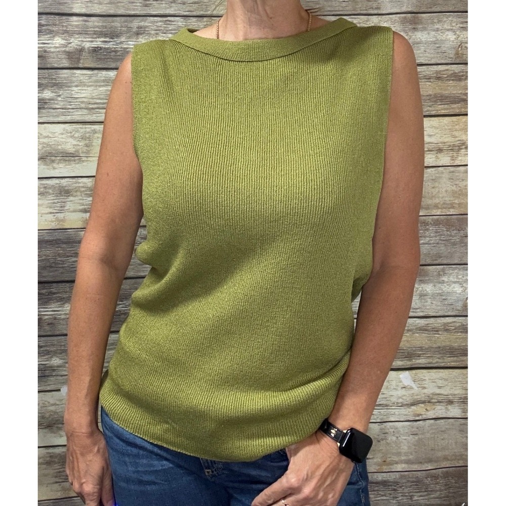 Emma James Liz Claiborne Green Ribbed Knit Sleeveless Boat Neck Top M 90s Earthy